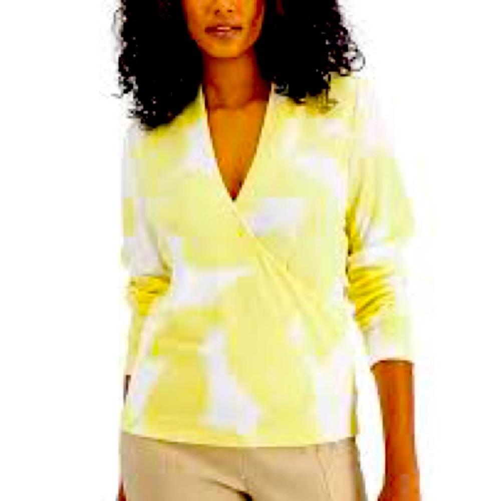 Alfani Yellow and White Faux Wrap Top